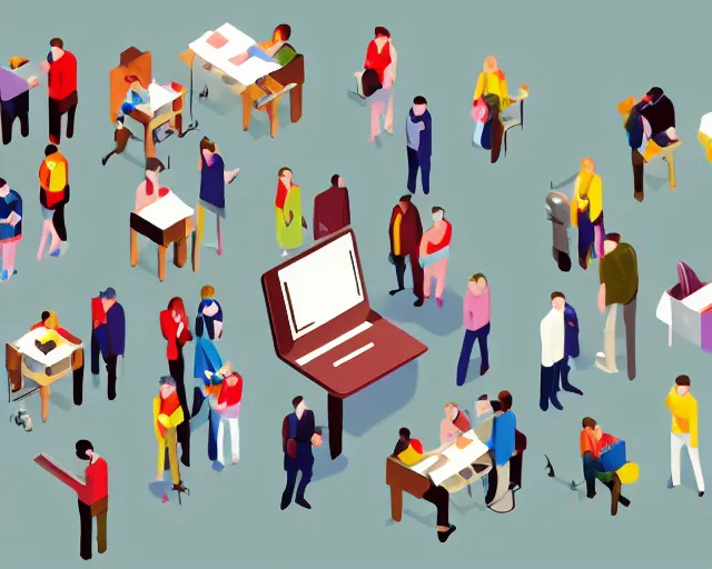 Prompt: A small crowd of miniature professional people standing on a laptop, isometric, highly detailed, 16-color