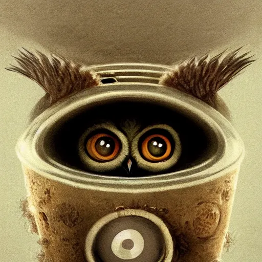 Image similar to long shot of a very cute owl chick nesting in a very futuristic cup, esao andrews, humorous illustration, hyperrealistic, big depth of field, warm colors, night scenery, low light, 3 d octane render, 4 k, conceptart, hyperdetailed, hyperrealistic, trending on artstation