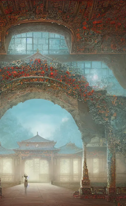 Image similar to vanishing point, palace covered with aqua blue roses like the forbidden city in distance at the red rose royal manor, viewed from afar, stephen bliss, misty, unreal engine, fantasy art by greg rutkowski, loish, ferdinand knab, and lois van rossdraws,, global illumination, radiant light, minimalist, detailed and intricate environment