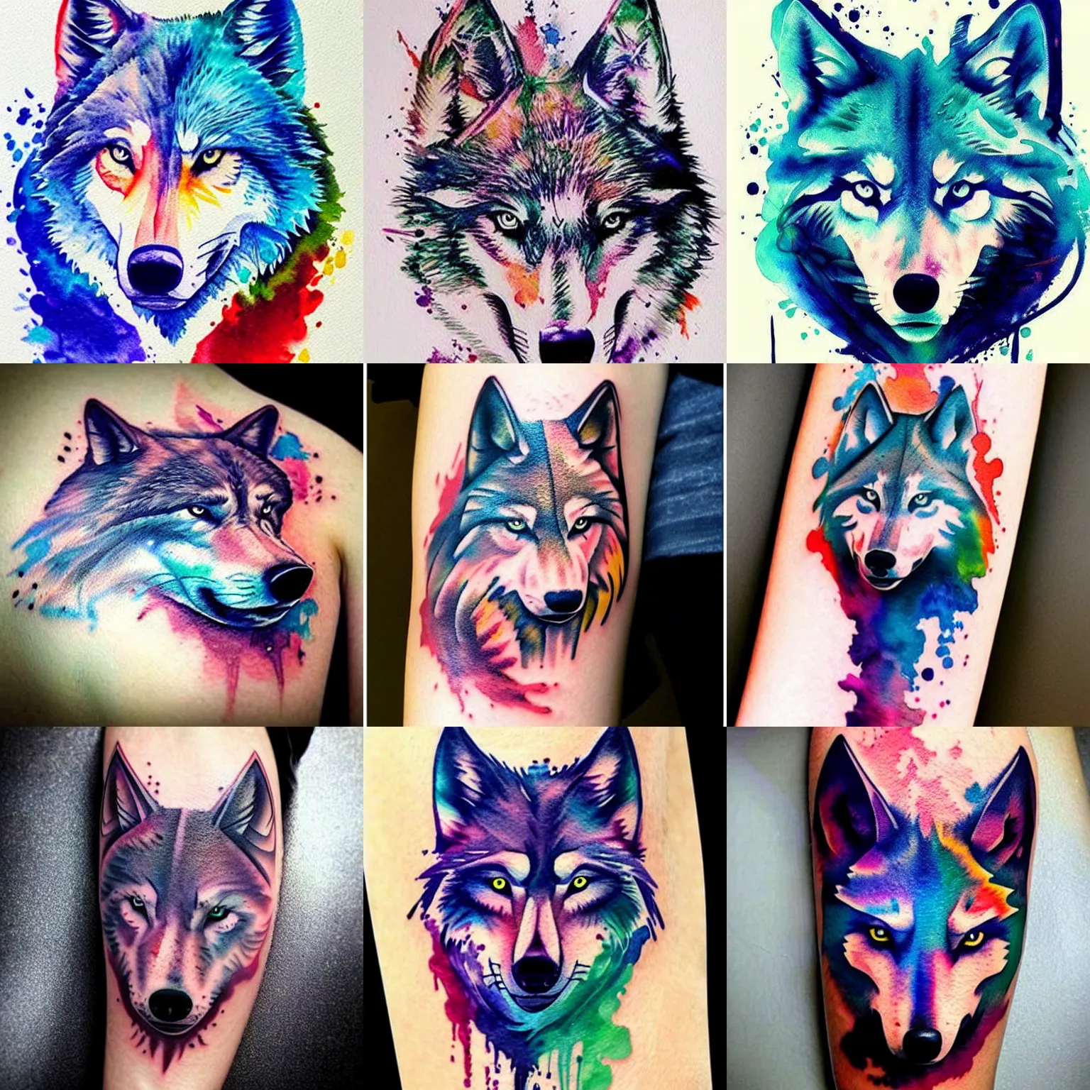 Prompt: beautiful watercolor wolf tattoo design, vibrant colors,