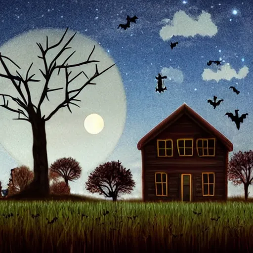 Prompt: haunted house, midnight, harvest moon, scattered clouds, dead tree, dilapidated house