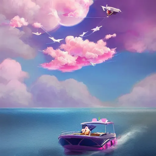 Prompt: a motorboat soaring through pink clouds in the sky, made by Stanley Artgerm Lau, WLOP, Rossdraws, ArtStation, CGSociety, concept art, cgsociety, octane render, trending on artstation, artstationHD, artstationHQ, unreal engine, 4k, 8k,