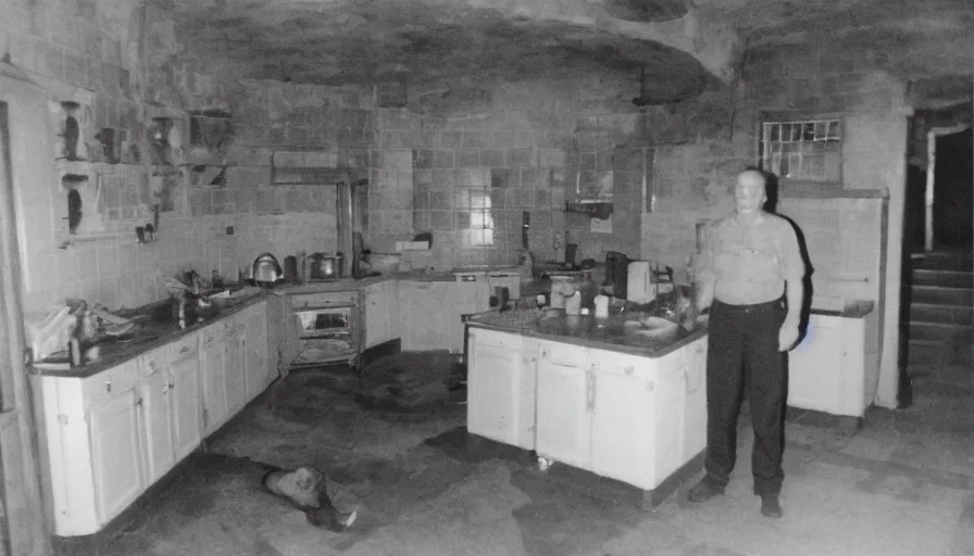 Image similar to a giant snake and a man in a stalinist style kitchen, by mini dv camera, very very low quality, heavy grain, very blurry, accidental flash, webcam footage, found footage, security cam, caught on trail cam