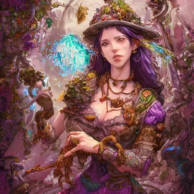 Prompt: the portrait of chaotic good female druid alchemist as absurdly beautiful, gorgeous, elegant, happy woman, an ultrafine hyperdetailed illustration by kim jung gi, irakli nadar, intricate linework, sharp focus, bright colors, octopath traveler, final fantasy, unreal engine 5 highly rendered, global illumination, radiant light, detailed and intricate environment