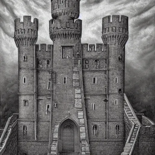 Prompt: main entrance of a castle with subtle lovecraftian vibes, ethereal, oil painting, mc escher