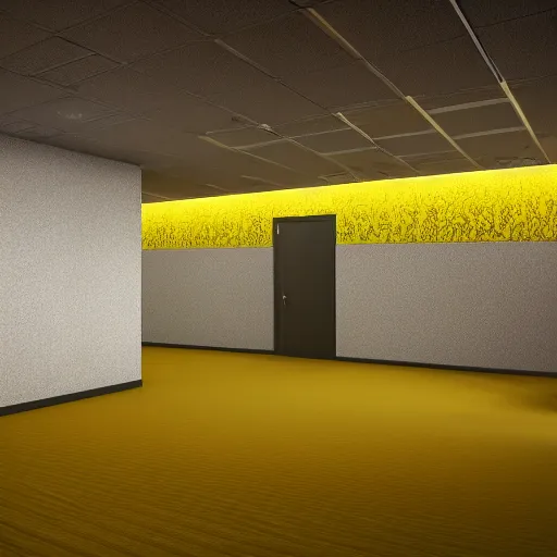 Prompt: office building interior, musty yellow carpet, yellow wallpaper, buzzing lights