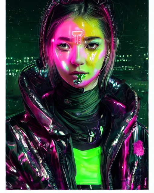 Image similar to detailed portrait Neon Operator Girl, cyberpunk futuristic neon, reflective puffer jacket, black leggings, decorated with traditional Japanese ornaments by Ismail inceoglu dragan bibin hans thoma !dream detailed portrait Neon Operator Girl, cyberpunk futuristic neon, reflective puffy coat, decorated with traditional Japanese ornaments by Ismail inceoglu dragan bibin hans thoma greg rutkowski Alexandros Pyromallis Nekro Rene Maritte Illustrated, Perfect face, fine details, realistic shaded, fine-face, pretty face