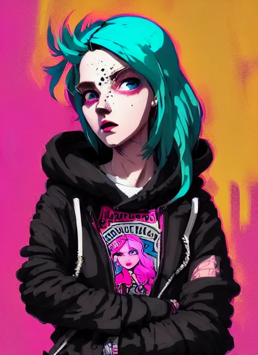 Image similar to highly detailed portrait of a sewer punk lady student, blue eyes, tartan hoody, pink hair by atey ghailan, by greg rutkowski, by greg tocchini, by james gilleard, by joe fenton, by kaethe butcher, gradient green, black, brown and magenta color scheme, grunge aesthetic!!! ( ( graffiti tag wall background ) )