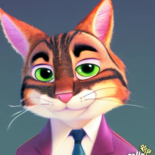 Prompt: portrait of a tabby in the style of the movie Zootopia wearing a pink tuxedo, 4k, digital art, award winning