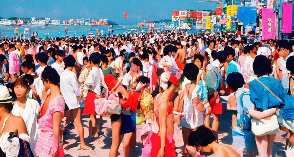 Image similar to 90s Japan, Professional photograph, bright colors, crowded beach, summer.