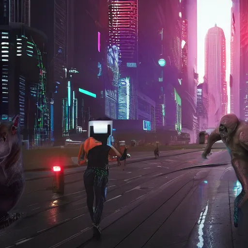 Prompt: people running away from cryptocurrency scared, cyberpunk art, ultrarealistic, 8k