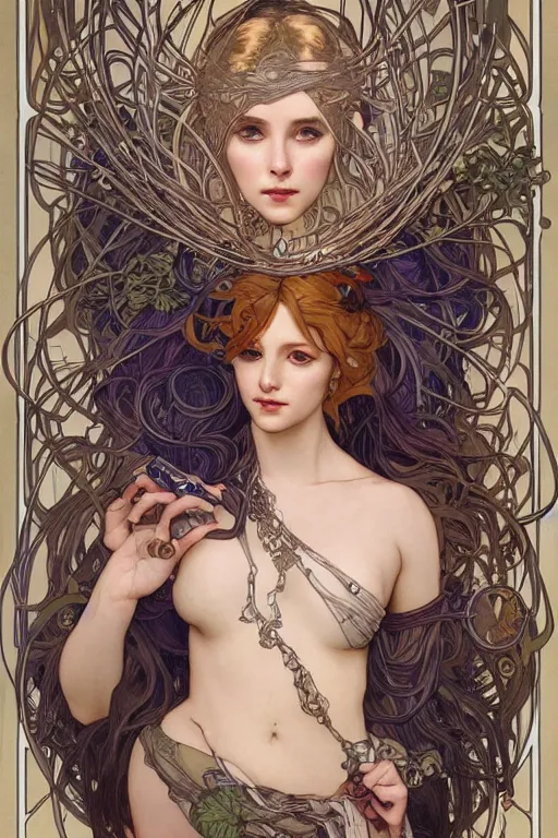 Image similar to realistic detailed portrait of a fully clothed adult cyberpunk! goddess by Alphonse Mucha, Charlie Bowater, Art Nouveau cyberpunk! style, mechanical accents!, flowing wires with leaves, rich deep moody colors