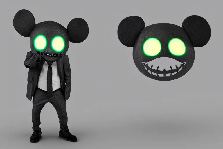 Image similar to a friendly monster in a deadmau 5 mask, wearing a suit. nvidia render, tim burton style, black background