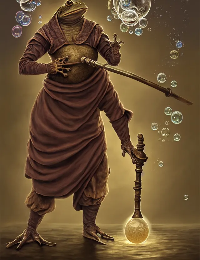 Prompt: anthropomorphic bipedal frog that is dressed as a renaissance monk fighter, and holding a big flanged mace, as a matte oil painting and d & d character art, by alex grey, standing, fullbody, floating bubbles, mystic, fog, fractals, spirals, vibrant, concept art, award - winning, extremely detailed, sharp focus