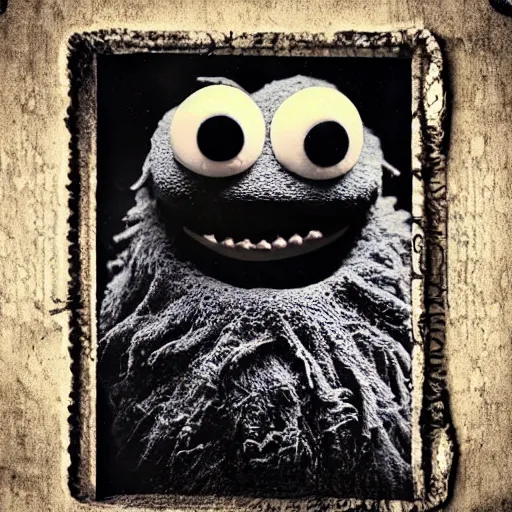 Prompt: creepy cookie monster, demonic, evil grin, tintype, realistic.