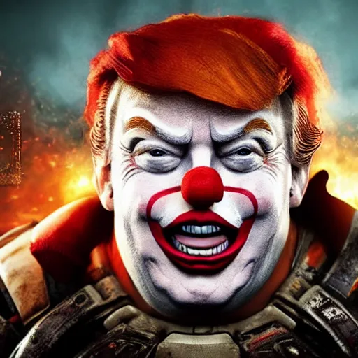 Image similar to donald trump as a clown! in gears of war, splash art, movie still, cinematic lighting, ray tracing, detailed clown face!, octane render, long lens, shallow depth of field, bokeh, anamorphic lens flare, 8 k, hyper detailed, 3 5 mm film grain