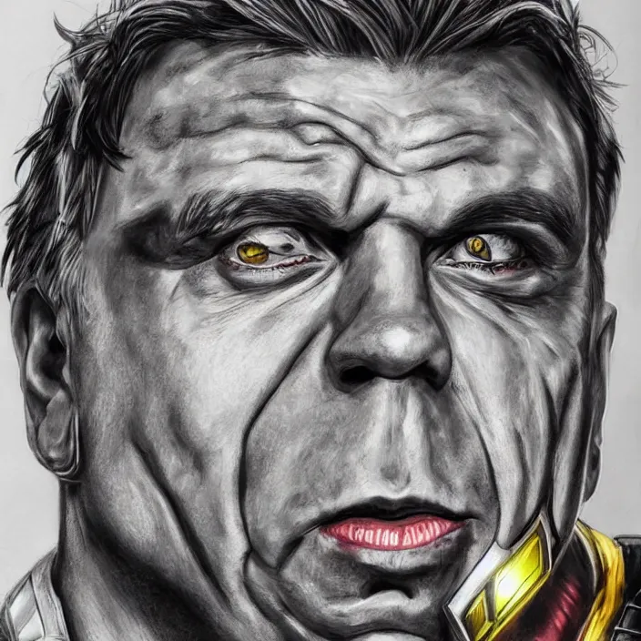 Image similar to portrait of till Lindemann, wearing The Infinity Gauntlet. Caricature artwork. trending on artstation, very coherent symmetrical artwork. avengers. thanos. cinematic, hyper realism, high detail, newspaper illustration, iridescent accents