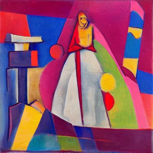 Image similar to woman in glorious robes rose up vast as the skies, old as the mountains and formless as starlight to shelter the precious memories, matter, messages, abstract art in the style of cubism and georgia o keefe