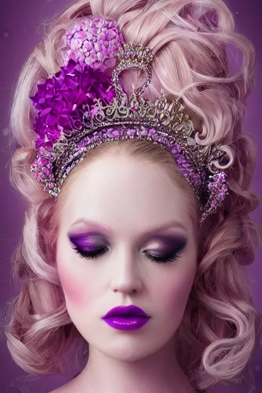 Image similar to lovely regal queen, portrait, updo of blonde and pink ombre hair, crown, flowerpunk, crystal coated violet flowers, by Natalie Shau