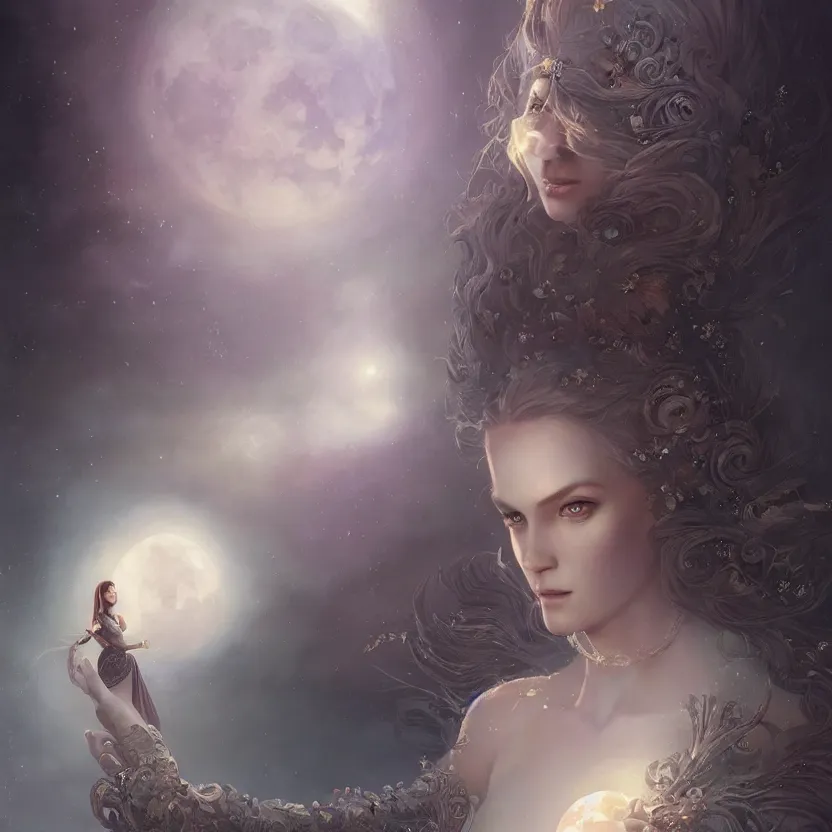 Image similar to a beautiful digital painting of a princess, princess, the moon behind her, intricate, cinematic lighting, highly detailed, digital painting, concept art, smooth, sharp focus, illustration, art by tom bagshaw, artgerm and greg rutkowski