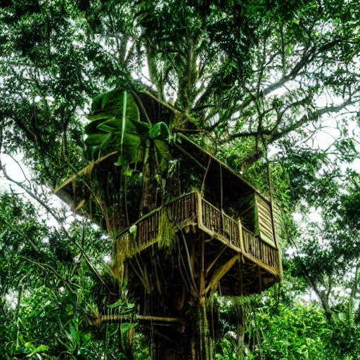 Image similar to a treehouse in a lush jungle during a thunderstorm in the evening