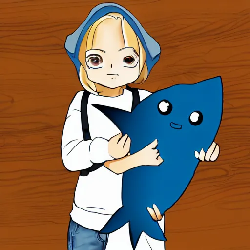 Image similar to a blonde girl in a black hoodie holding a blue-shark-stuffed-animal, anime style digital art