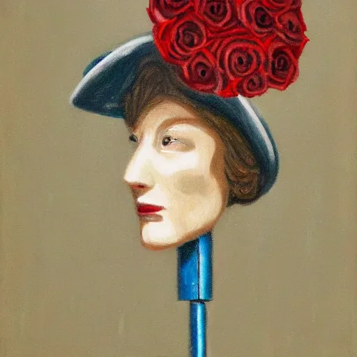Image similar to a portrait of a robot wearing a hat full of roses, by Otto Eerelman