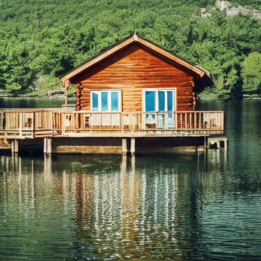 Image similar to lake cabin in croatia, hyper realistic, photograph, f 8. 0, 3 2 mm, kodak