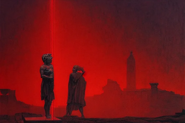 Image similar to only with red, caesar after war, a red tiger, in hoc signo vinces, rome in background, an ancient path, in the style of beksinski, part by hopper, part by rodcenko, part by hofbauer, intricate composition, red by caravaggio, insanely quality, highly detailed, masterpiece, red light, artstation