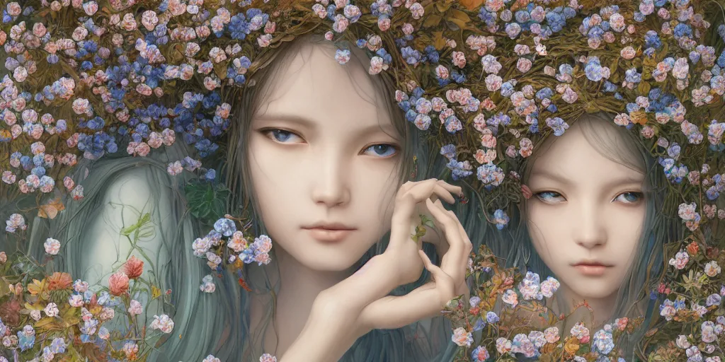 Image similar to breathtaking detailed concept art painting of the goddess of nemophila flowers, orthodox saint, with anxious, piercing eyes, ornate background, amalgamation of leaves and flowers, by Hsiao-Ron Cheng, James jean, Miho Hirano, Hayao Miyazaki, extremely moody lighting, 8K