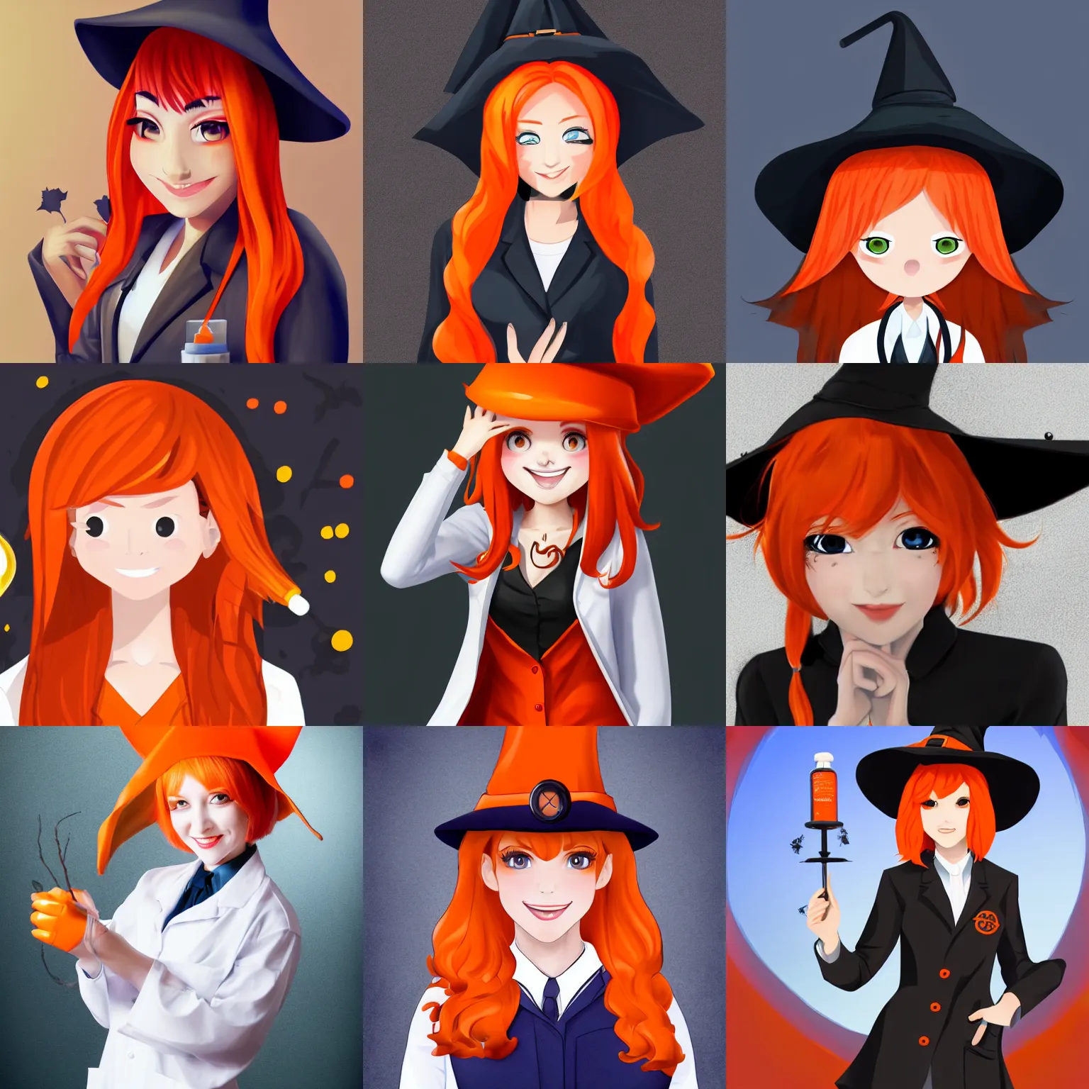 Prompt: high realistic witch full body in labcoat with witch hat portrait, face, smiling, cute, orange hair, red eyes