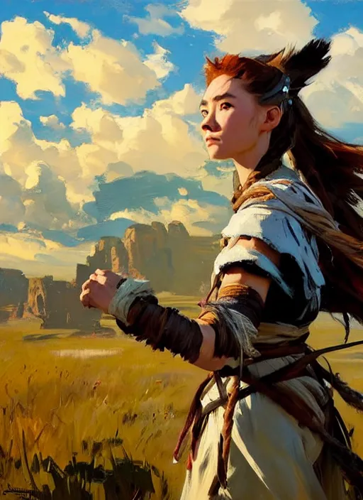 Prompt: Greg Manchess painting of Aloy from Horizon Zero Dawn, countryside, calm, fantasy character portrait, dynamic pose, above view, sunny day, thunder clouds in the sky, artwork by Jeremy Lipkin and Giuseppe Dangelico Pino and Michael Garmash and Rob Rey, very coherent asymmetrical artwork, sharp edges, perfect face, simple form, 100mm