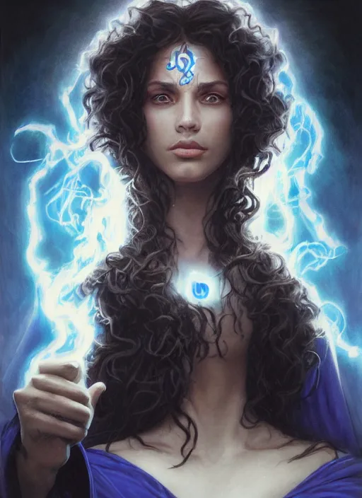 Prompt: medium - length portrait of a female sorcerer, arcane sigils hovering over her hands, with long curly hair and glowing blue eyes, dark brown skin, stern expression, wears a long robe, fantasy setting, dramatic pose, highly detailed, digital painting, artstation, concept art, sharp focus, illustration, art by greg rutkowski and alphonse mucha