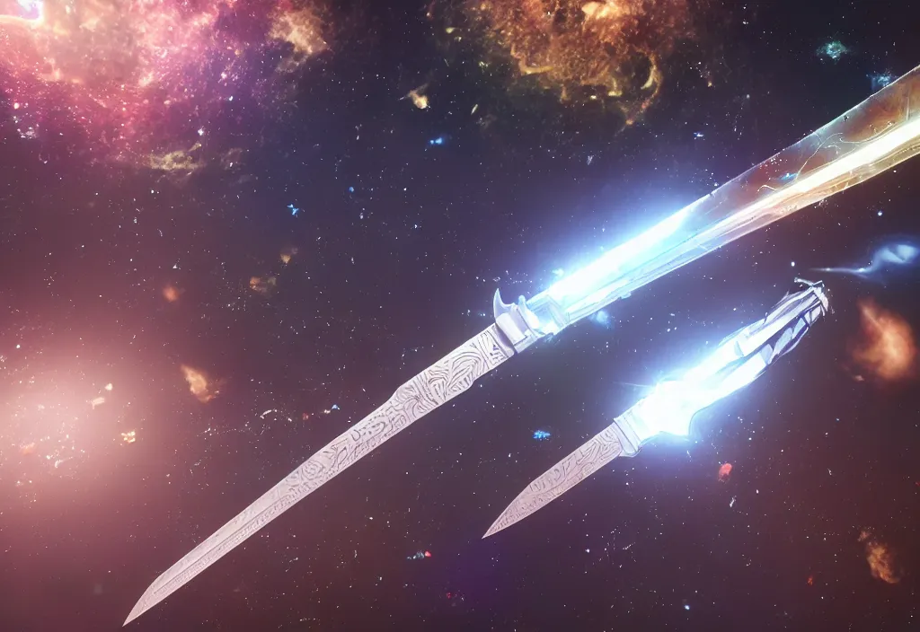 Image similar to a holographic metal sword floating in space reflecting the destruction of the universe, intricate unreal engine 5 creation