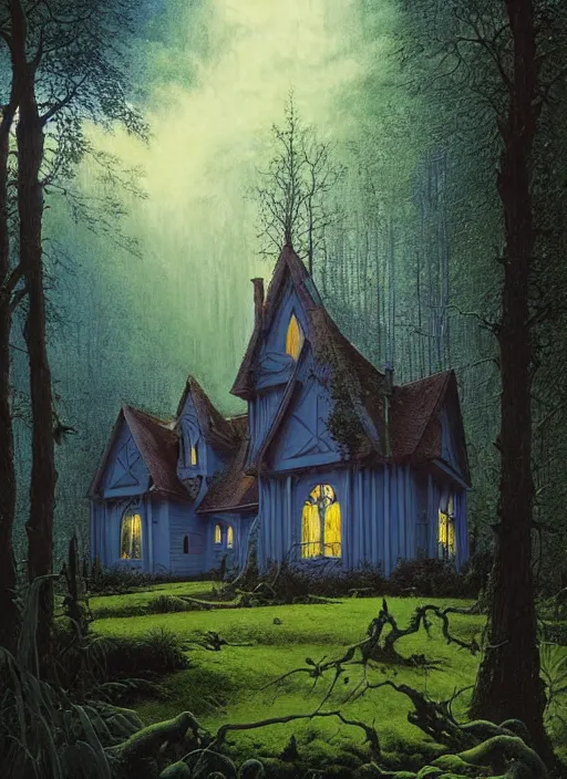 Image similar to hyper realistic witchy modern gothic house with mood lighting and tech in the woods gorgeous lighting, sunbeams blue sky, highly detailed, lush forest foliage painting by zdzisław beksinski and norman rockwell and greg rutkowski weta studio, and lucasfilm