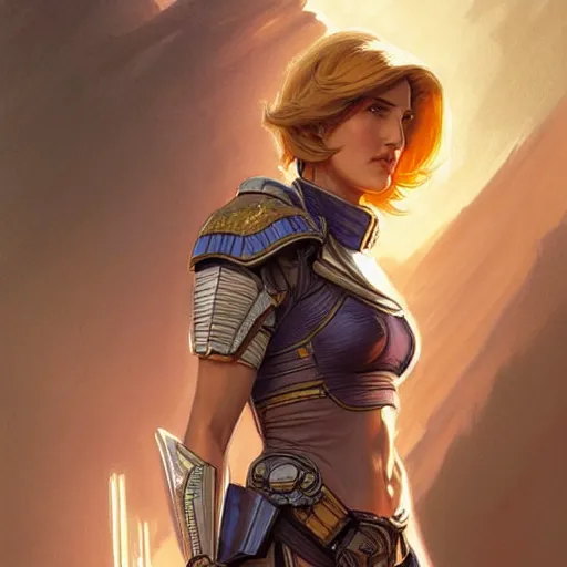 Image similar to Blonde Cobie Smulders as Commander Shepard, western, D&D, fantasy, intricate, elegant, highly detailed, digital painting, artstation, concept art, matte, sharp focus, illustration, art by Artgerm and Greg Rutkowski and Alphonse Mucha