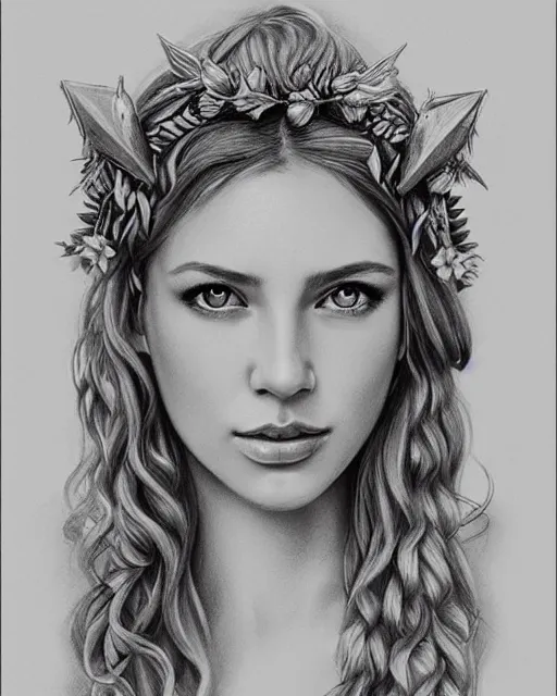 Image similar to pencil drawing of a beautiful greek goddess aphrodite wearing a laurel wreath and arrowhead earrings, beautiful confident eyes, beautiful flowing hair, hyper realistic face, in the style of artgerm, fantasy, amazing detail, epic, elegant, smooth, sharp focus, from the front, long shot