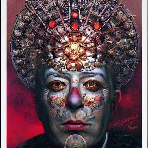 Prompt: realistic detailed image of Klaus Schwab dressed as Emperor, wearing extremely intricate clown makeup, by Ayami Kojima, Amano, Karol Bak, Greg Hildebrandt, and Mark Brooks, tonalism, rich deep colors. Beksinski painting, art by Adrian Ghenie and Gerhard Richter. art by Takato Yamamoto. masterpiece