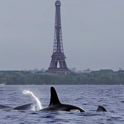 Prompt: orca whales swimming past the Eiffel Tower, 4k