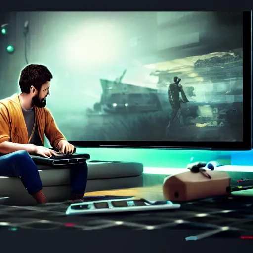 Prompt: realistic successful man playing laptop in gaming room, artstation trends, future concept art, highly detailed, intricate, sharp focus, digital art, 8 k