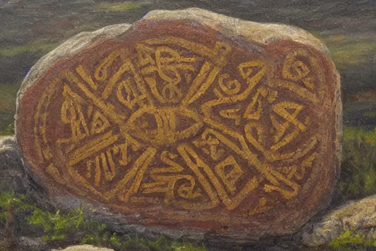 Image similar to runestone, nature, focused, centered, very detailed, norse, oil painting