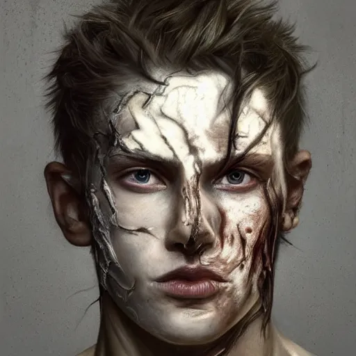 Image similar to portrait painting of young man with severe burn scars on his face and poorly cropped hair with a severe expression wearing tattered light armor, ultra realistic, concept art, intricate details, eerie, highly detailed, photorealistic, octane render, 8 k, unreal engine. art by artgerm and greg rutkowski and charlie bowater and magali villeneuve and alphonse mucha