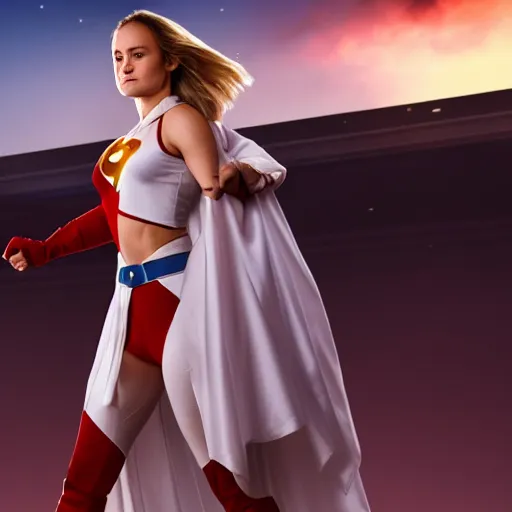 Image similar to Brie Larson as DC Comics' Power Girl, full body with white costume and cape and chest, photo, 4k