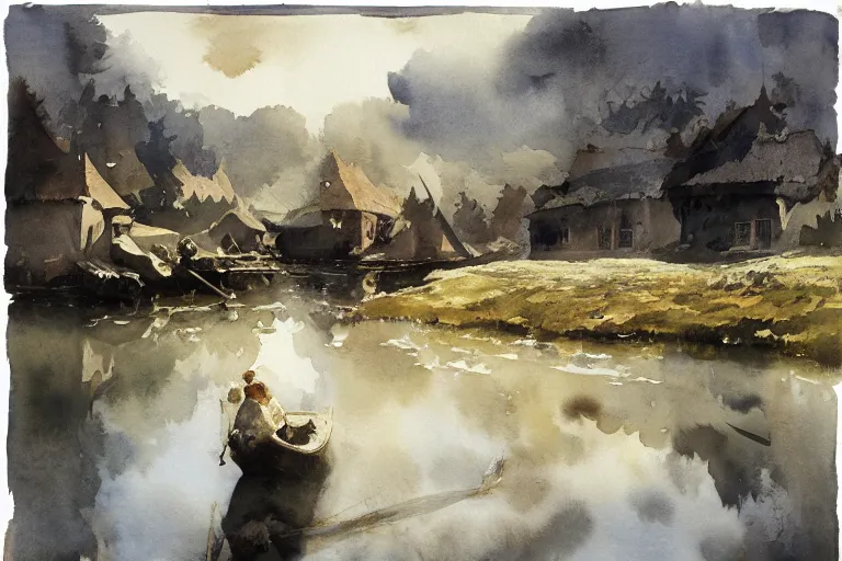 Prompt: abstract watercolor painting of hedonic scandinavian king house, in stone, straw roof, war lord, magical and traditional, reflective river, crisp daylight, sharp shadows, cinematic light, national romanticism by anders zorn, by greg rutkowski, by greg manchess