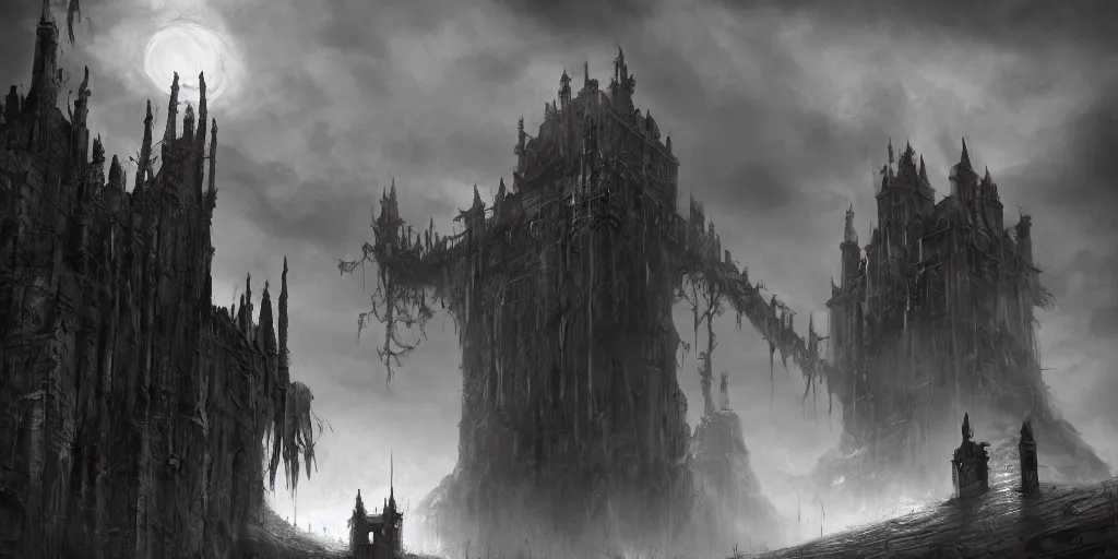 Image similar to grimdark fantasy fortress, terrifying, looming, dark, fog, dark souls, soulborne, artstation