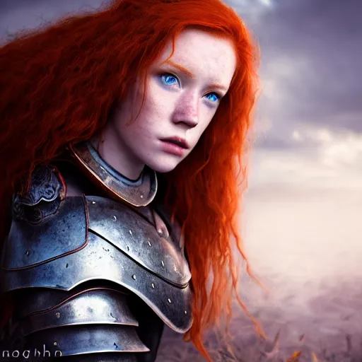 Prompt: north female warrior, red hair, ginger hair, fantasy, high detailed, photography, cloudy, lightweight armor, Scandinavia, plain, Authentic, detailed face, cute face, model, glowing skin, blue eyes, professional photographer, masterpiece, 8k, 3D