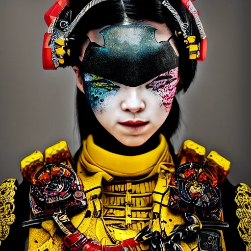 Prompt: female samurai, defiant, cyberpunk, vibrant yellow colors, surreal, french baroque style by alexander mcqueen, hyper detailed, cinematic, leica 1 9 3 0 photography portrait