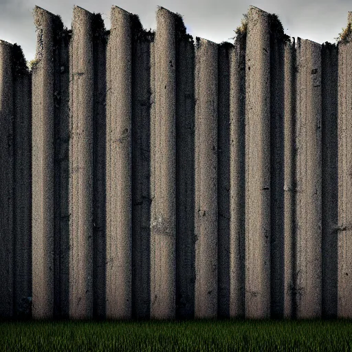 Image similar to an endless very tall wall, in a field, birds, dystopian, grim, dark, full frame camera, 1 9 9 0 s, award - winning photograph, octane render, 4 k