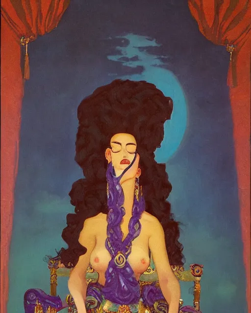Prompt: a oil painting of a pale skin dark hair curls queen on a throne with fancy dress by armstrong wolf, by bruce pennington by hans emmenegger by nicholas roerich, realistic, curvy, soft pale tone, airbrush dark dress, drapery, curtain, dawn