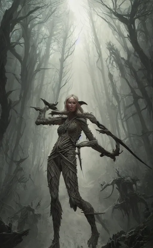 Image similar to portait of elven hunter hunting forest monster, symmetrical face features, front game card, drark, marvel comics, dark, intricate, highly detailed, smooth, artstation, digital illustration by ruan jia and mandy jurgens and artgerm and wayne barlowe and greg rutkowski and zdislav beksinski